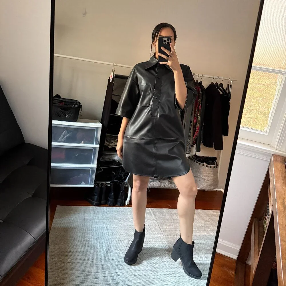 Topshop Faux Leather Oversize Shirt Dress - Picture 3 of 4